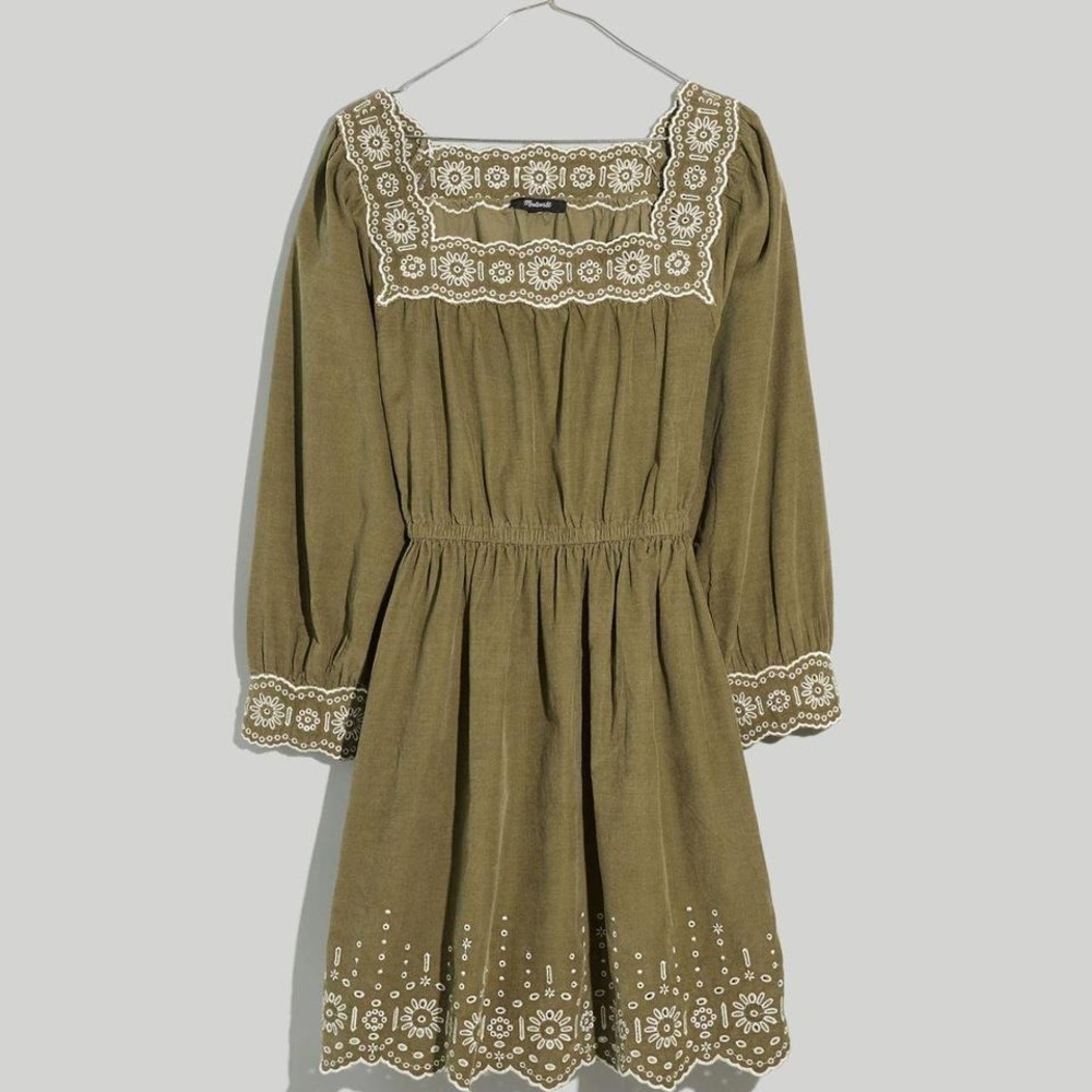 MADEWELL olive corduroy dress Cottagecore Eyelet Picot embroidery Size M Medium